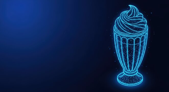 A glowing neon outline of a tall glass filled with a sweet milkshake topped with whipped cream