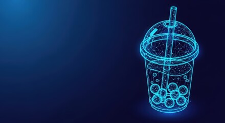 Abstract glowing blue wireframe of a bubble tea drink with tapioca pearls and straw on dark background