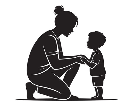 solid black color A Minimalist Flat Design illustration in the “autism
acceptance through understanding” theme — a parent kneeling to the child’s level with a peaceful shared gaze