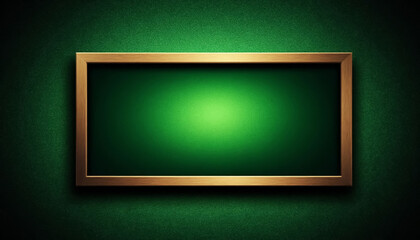 Empty wooden frame on shiny green background, minimalist design concept.