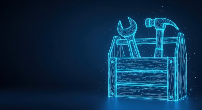 Digital blueprint of a toolbox filled with glowing blue wireframe tools