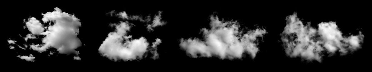Set of white cloud shapes isolated on a black background, perfect for sky design, photo editing, weather, fantasy scenes, and creative digital artwork in high resolution. cloudy black cutout