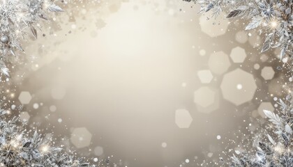 A soft, blurred background with a light beige center surrounded by sparkling silver and white snowflakes. Ideal for winter or holiday themes.