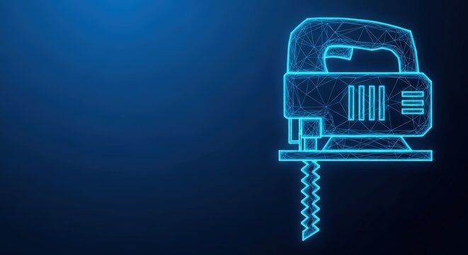 Glowing electric jigsaw power tool cutting with a blue wireframe design on a dark background