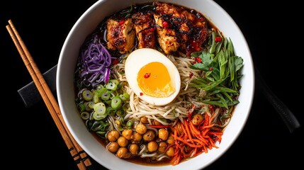 Delicious ramen bowl with grilled chicken, egg, noodles, vegetables, black background. Restaurant menu