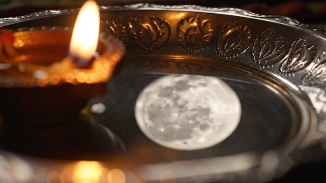 Diya and Moon Reflection on Silver Thali Karva Chauth Ritual