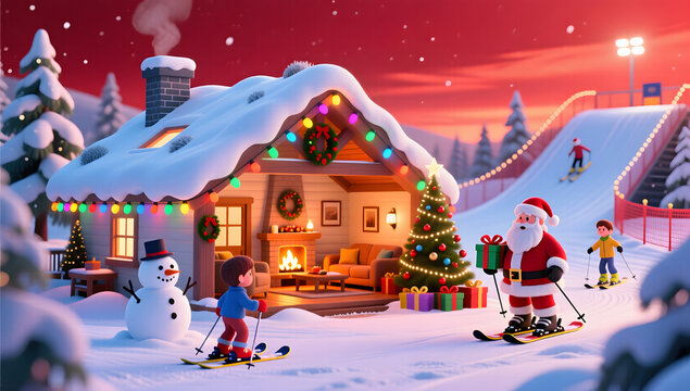 Christmas snow house ski resort joyful family scene