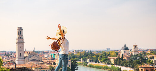 happiness traveler woman visiting cities in Italy. travel destination, tour tourism concept