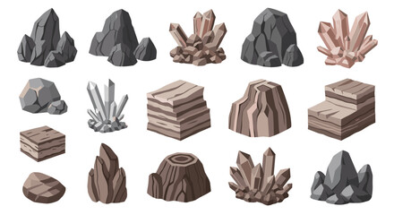 A collection of pixel art style rocks, crystals, and geological formations in various shapes and sizes.