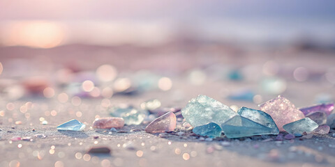 Sea Glass Close-Up – Pastel Beach Treasures on Sand with Bokeh Light for Nature & Relaxation Decor 