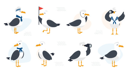 Obraz premium Cute cartoon seagulls dressed as sailors in various poses on a white background with nautical elements.
