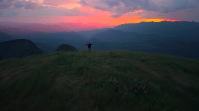The light of the sunset on the mountain, the color of the evening sky, hiking
