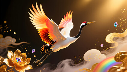 Obraz premium Crane spreading wings with fiery floral illustration