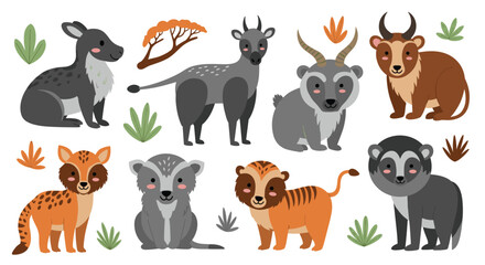 Fototapeta premium An adorable collection of cartoon wild animals, including a deer, antelopes, badger, and a striped feline, with small plant decorations.