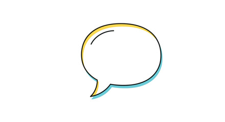 Minimalist speech bubble icon with offset yellow and blue outlines, representing communication, dialogue, or a chat message on a white background.