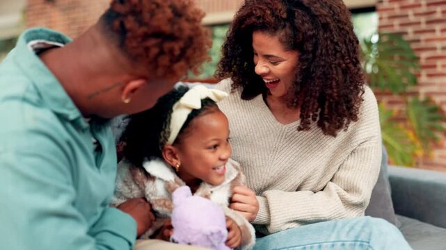 Parents, happy child and play with teddy bear on sofa for family bonding together, connection and fun. Mother, father smile and tickle daughter with plush toy in house for laughing, humor and joking.