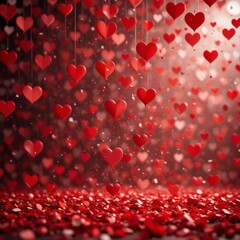 Red hearts hang in a romantic setting, creating a festive atmosphere. The background is softly illuminated, enhancing the love theme.
