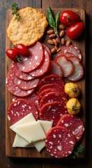 Cutting board with meat cheese crackers tomatoes and nuts