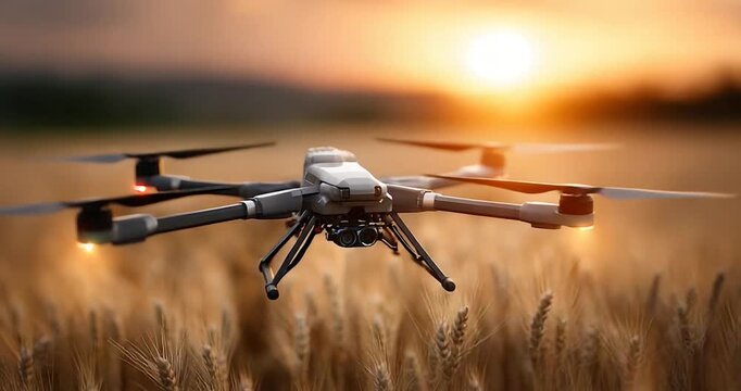 Futuristic agricultural drones flying over crop fields at sunset, smart farming technology, autonomous drone fleet monitoring farmland, modern precision agriculture, advanced agri-tech scene