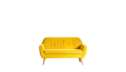 Vibrant yellow sofa with mid-century modern design, isolated on white background.