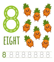 number eight for kids with cute cartoon pineapple. Learning to count. Math game with fruits for preschool and school children. Count and trace. Vector