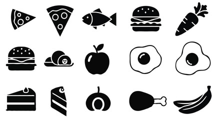 Food Icon Collection – 15 Black and White Symbols Representing Various Meals and Ingredients