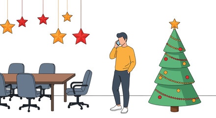Office Christmas Celebration - Man on Phone with Decorations.