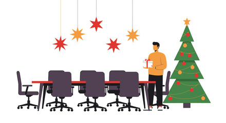 Office Christmas Party - Man with Coffee by Decorated Tree.