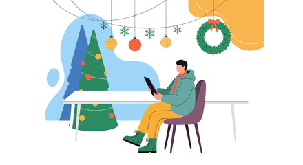 Man Working on Tablet During Christmas Season.