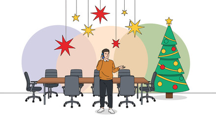 Office Christmas Party - Man on Phone with Decorations.