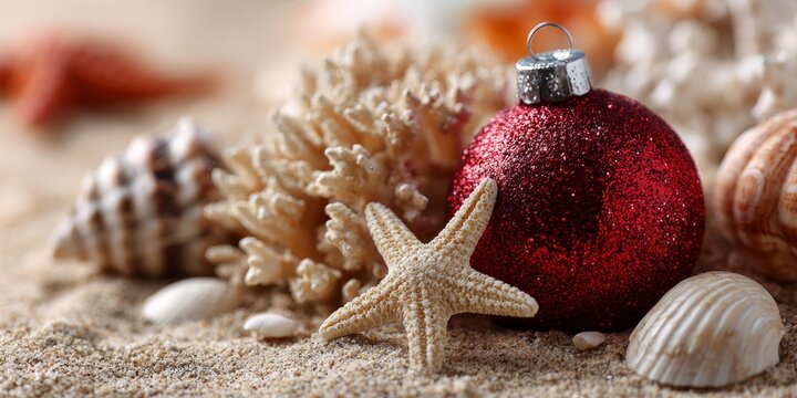 Red Christmas ornament with starfish and seashells on sandy beach