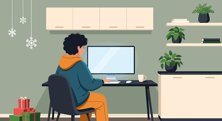 Person working on computer at desk in festive room.