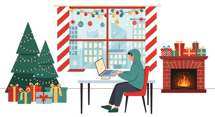 Person Working on Laptop During Christmas Holiday Season.