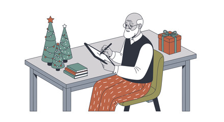 Senior Man Engaged in Christmas Planning at His Desk.