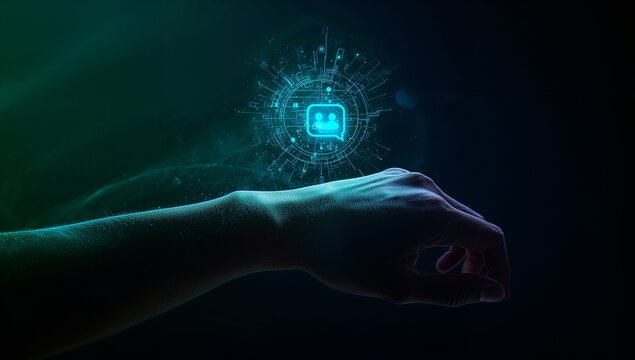 Connect with the Future A hand reaches for a glowing social media icon symbolizing connection, tech, and modern communication in a dynamic digital world