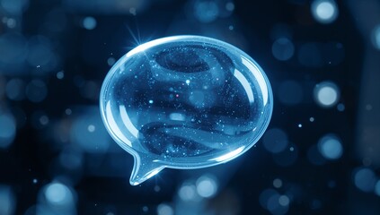 Illuminated speech bubble floats with a captivating glow against a dark background, ideal for social media marketing or next-gen communication concepts.