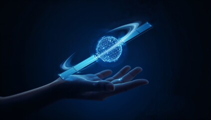 Futuristic tech glows above a hand, embodying innovation and digital transformation with a cosmic feel, perfect for cutting-edge technology concepts.