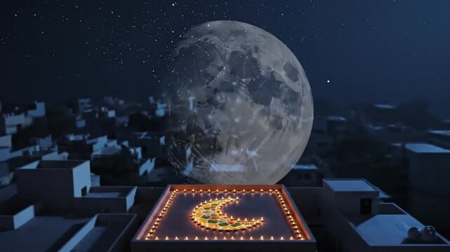 Karva Chauth Festival Diyas Rangoli Crescent Moon on Rooftop at Night