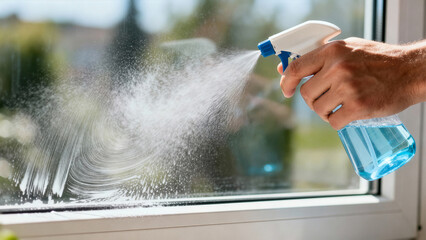 Individual sprays cleaning solution onto window, creating a shiny surface. Background features clear blue sky and exterior view. Concept of residential cleaning, home improvement, sanitation