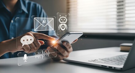 Person using smartphone with digital communication icons and data visualizations overlayed on screen representing online connection and technology