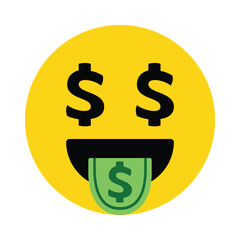A yellow emoji face with dollar signs for eyes and a dollar sign tongue sticking out of its mouth