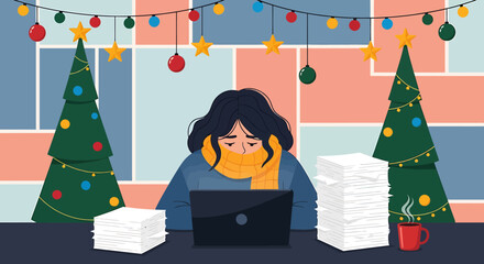 Stressed Woman Working During Christmas Season with Laptop and Documents.