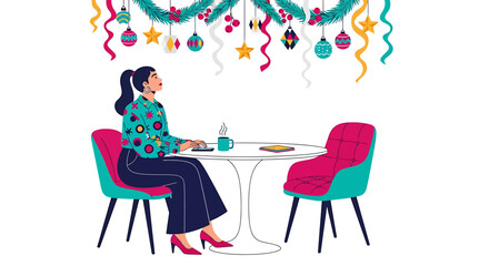 Woman at Cafe Table Under Christmas Decorations.