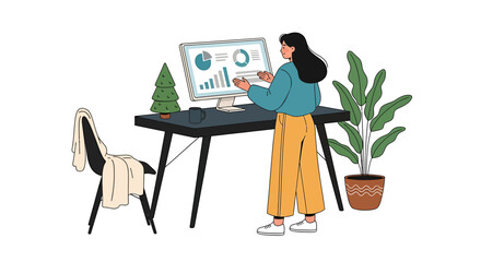 Woman Analyzing Data on Computer at Desk with Plants.