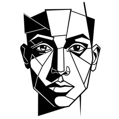 Abstract Geometric Portrait of a Mans Face in Black and White.