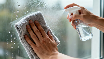 Hands wipe clean window with grey cloth after spraying glass with cleaner. Indoor setting with bright natural light. Concept of cleaning services, home maintenance, window washing