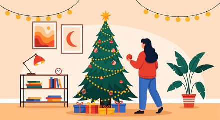 Woman Decorating Christmas Tree in Cozy Living Room.