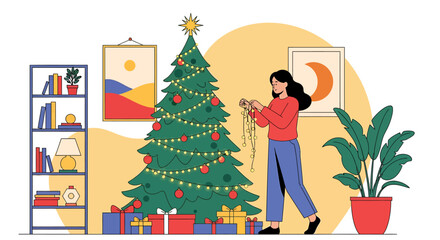 Woman Decorating Christmas Tree in Cozy Living Room.