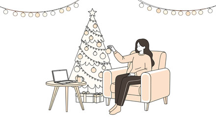 Woman Decorating Christmas Tree While Working From Home.