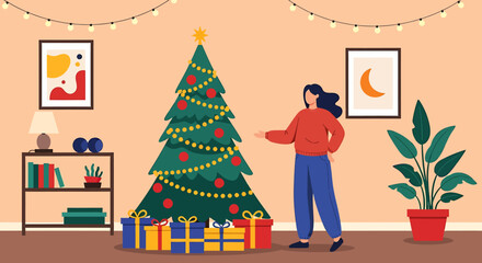 Woman Decorating Christmas Tree with Gifts in Cozy Room.